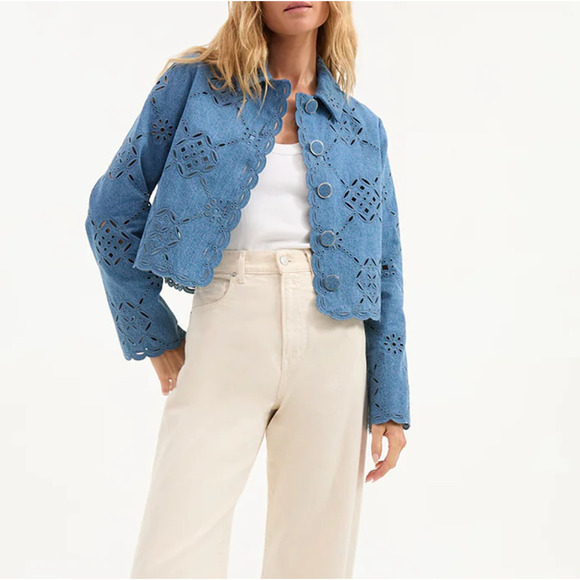 Veronica Beard Adelaide Eyelet Jacket Sea Glare Blue US 10 - Picture 4 of 13